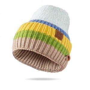 **SS Beanie Cap Mixed Color Knit Ribbed Brim Hat Button Embellishment Mint